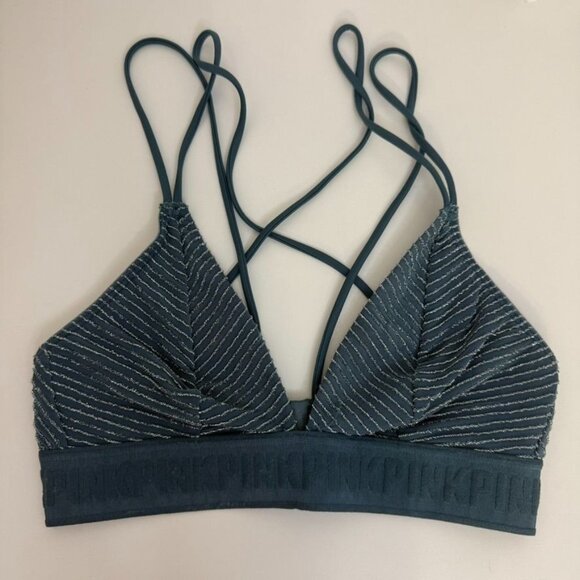 Pink Victorias Secret Unlined Strappy Triangle Bralette XS Blue Sparkle - Picture 1 of 5